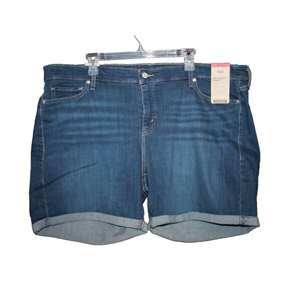 Women’s Denim Levi Strauss Mid Length Shorts Dark Wash Cuffed Plus Size 24W NEW - Picture 1 of 2
